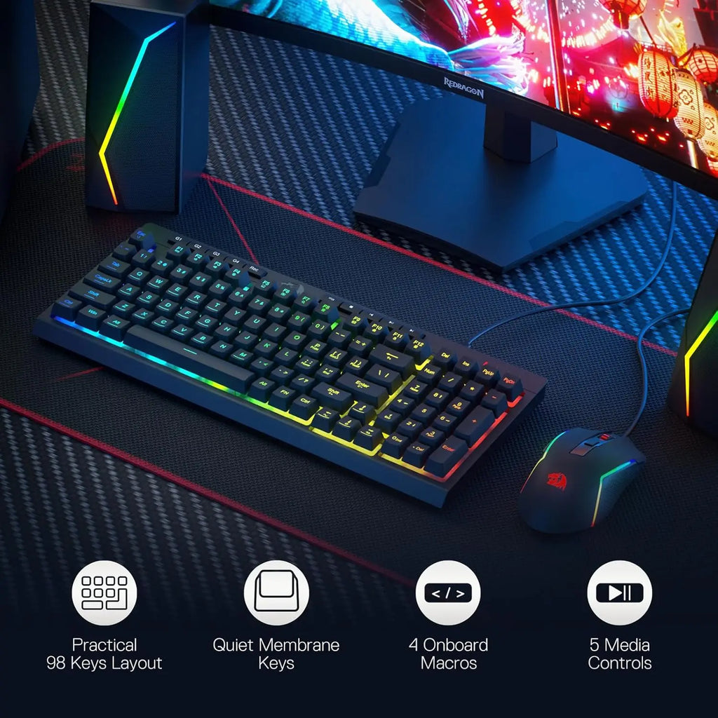 Комплект геймърска клавиатура и мишка Redragon S141, кабелна RGB мембранна клавиатура K515 и кабелна геймърска мишка M616 с 10000 DPI