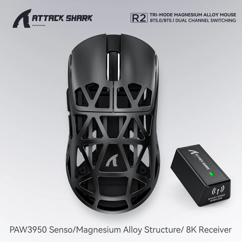 Геймърска безжична мишка Attack Shark R2 PAW3950, изработена от магнезиева сплав, 8K, лека, Bluetooth, трирежимна, за игри/офис