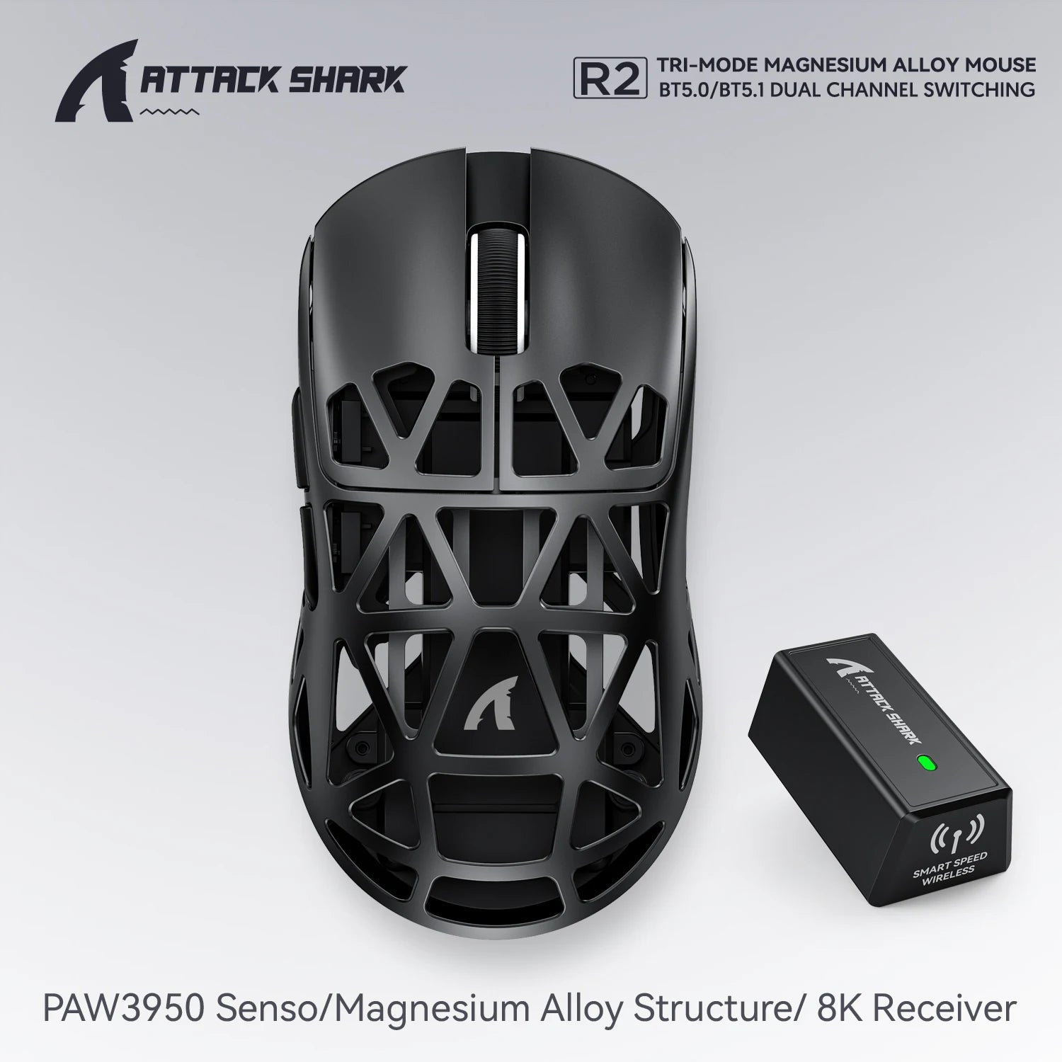 Геймърска безжична мишка Attack Shark R2 PAW3950, изработена от магнезиева сплав, 8K, лека, Bluetooth, трирежимна, за игри/офис