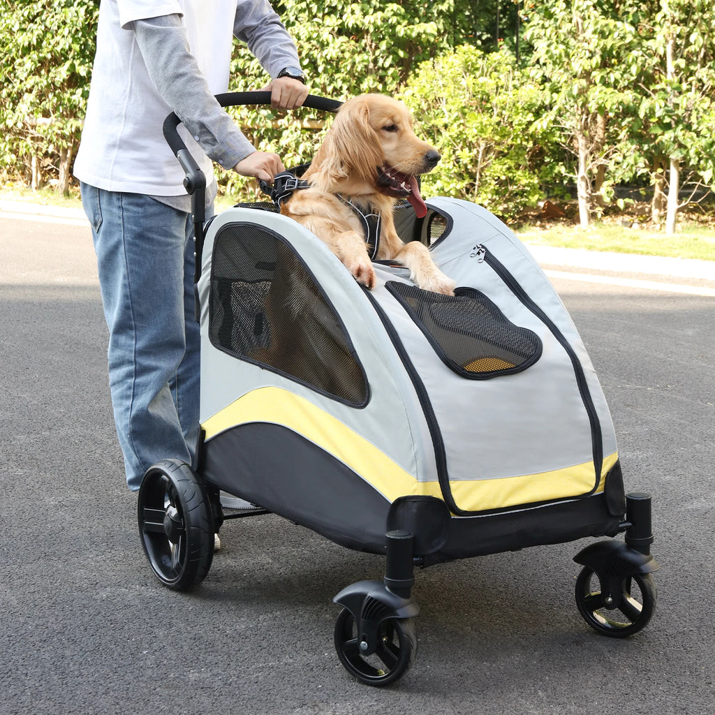 Tragbarer Hundebuggy mit 4 Rädern für große Hunde, faltbarer Reisewagen für Haustiere und Katzen, atmungsaktive Tragetasche zum Spielen im Freien