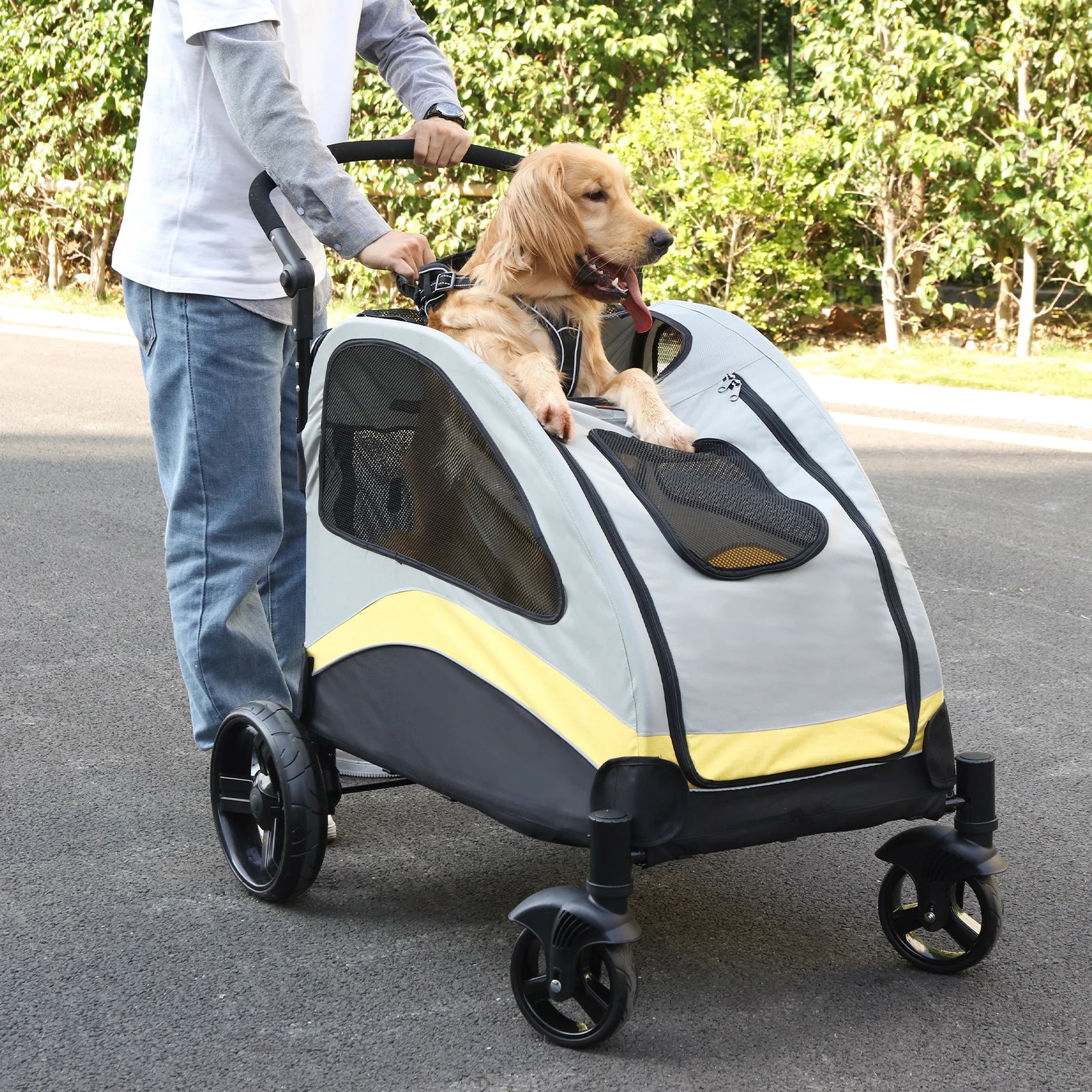 Tragbarer Hundebuggy mit 4 Rädern für große Hunde, faltbarer Reisewagen für Haustiere und Katzen, atmungsaktive Tragetasche zum Spielen im Freien