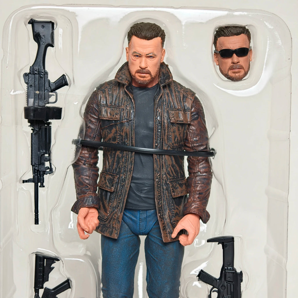 NECA Terminator Dark Fate T-800 Arnold Schwarzenegger Action Figure With Exchangeable Head & Multiple Guns Weapons Toy Gift