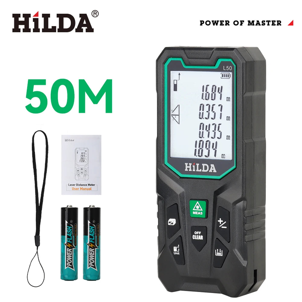 HILDA 50/100/120M лазерен далекомер с червена/зелена светлина, цифрова лента, акумулаторна и измерваема ъгломерна лазерна лента
