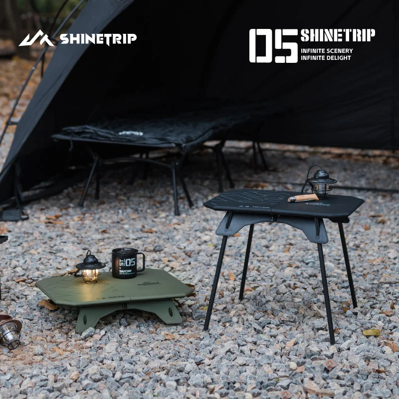 ShineTrip серия 05, ултралека маса с двойно предназначение, за къмпинг на открито, преносима маса, сгъваема, с алуминиева стойка и коремни мускули.