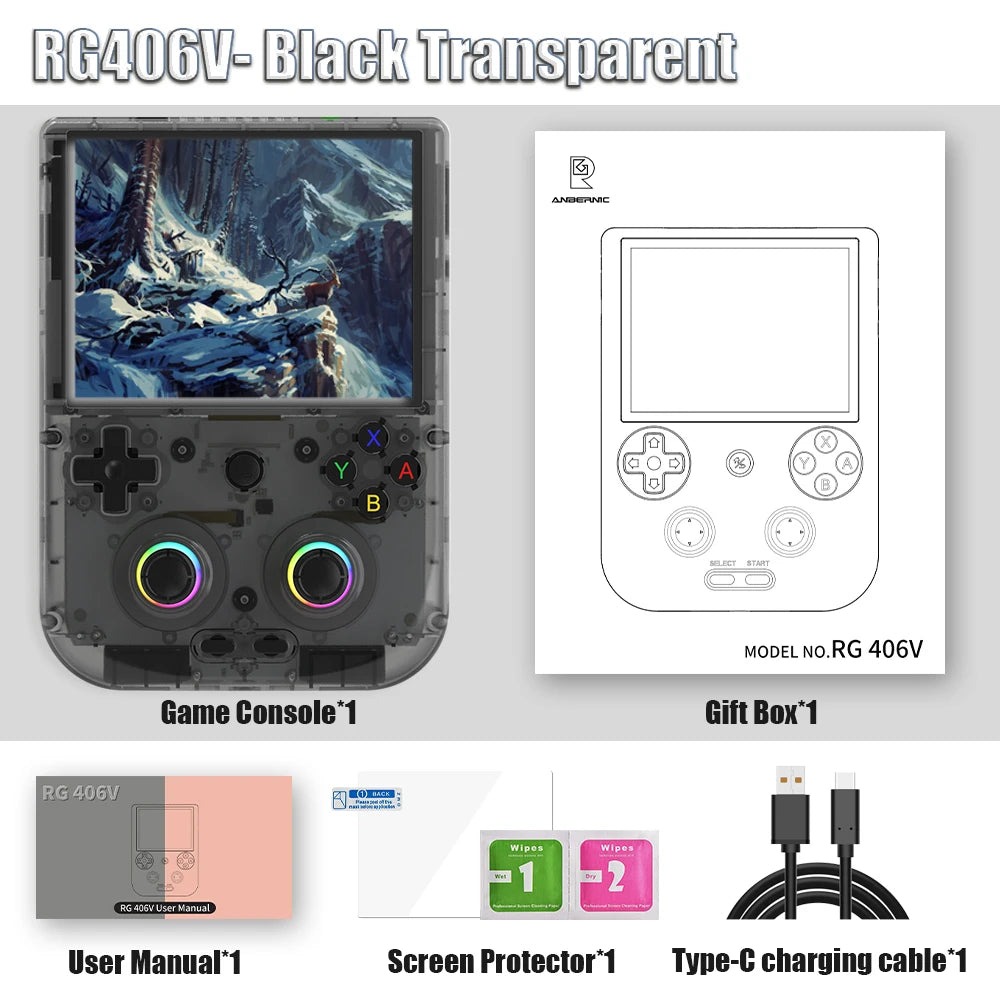 ANBERNIC RG406V Portable Game Console 4’’ IPS Touch Screen Android 13 Unisoc T820 64-bit Game Player 5500mAh RGB lighting