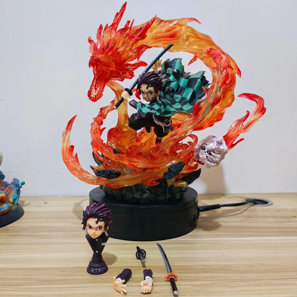 30cm Gk Statue Tanjirou Kamado Pvc Action Figure Fire Dragon Withled Light Anime Demon Slayer Kimetsu No Yaiba Toys Figuras