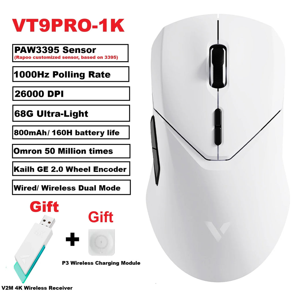 Безжична геймърска мишка Rapoo VT9PRO PAW3398, 26000DPI, 68g, лека, кабелна, безжична мишка, 160H, супер дълъг живот на батерията