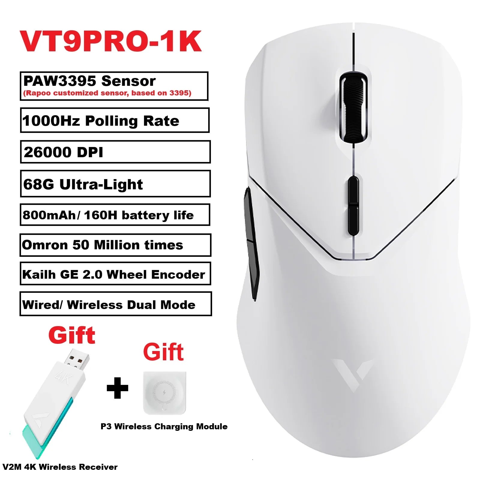 Безжична геймърска мишка Rapoo VT9PRO PAW3398, 26000DPI, 68g, лека, кабелна, безжична мишка, 160H, супер дълъг живот на батерията