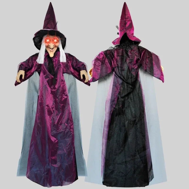 Halloween Life Size Talking Witch Outdoor Purple Spooky Animatronic Witch Decor Prop Halloween Decoration Red Eye Animated Witch