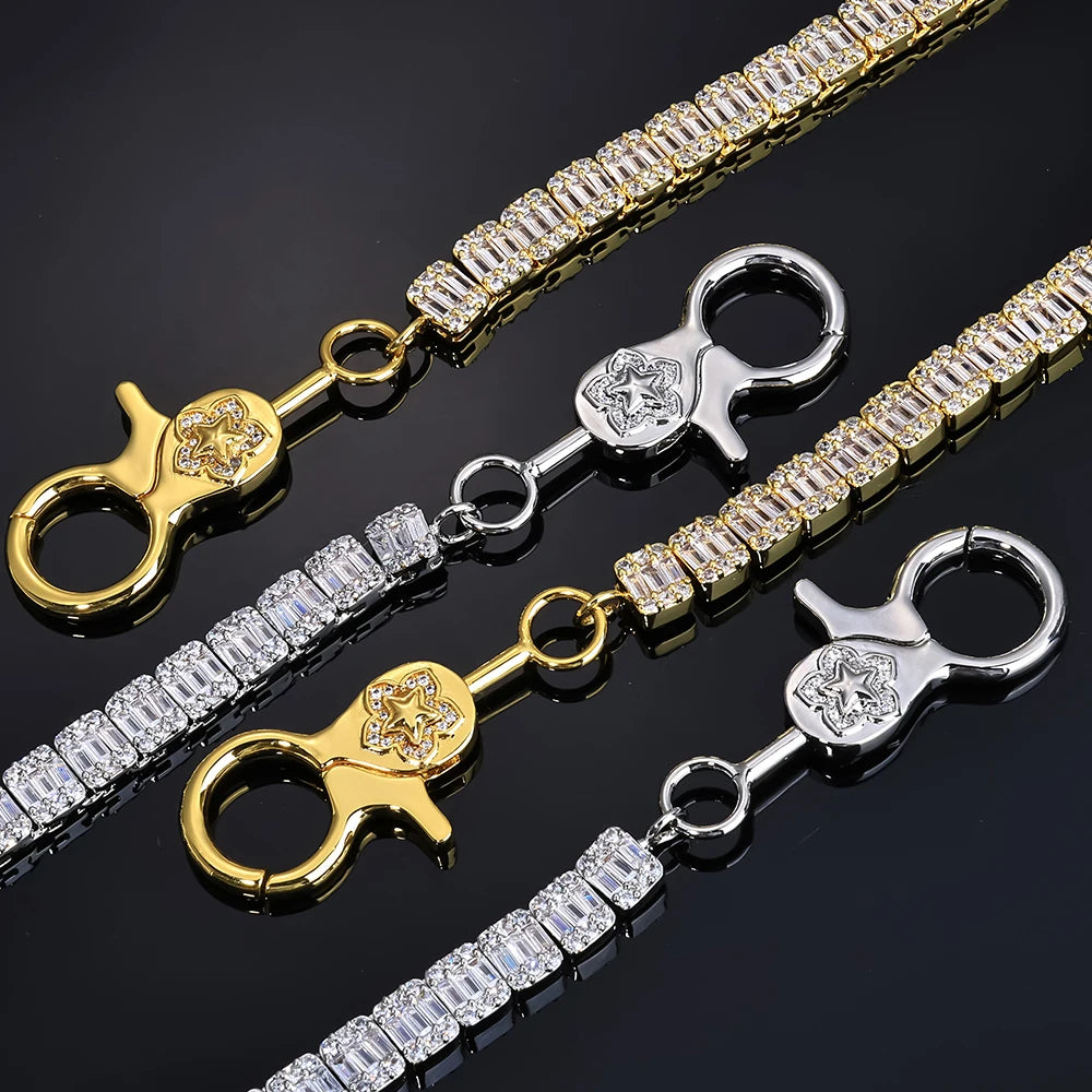 HHIOK New Rectangular Tennis Chain 5A Brass Inlaid Zircon Iced Keychain Hip Hop Rock Style Men's and Women's Jewelry Necklace