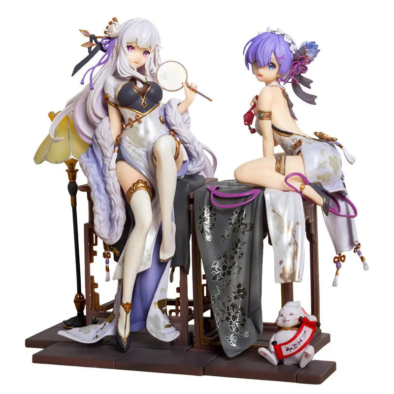 22cm Re:Zero Emilia and Rem Chinese Dress Figure Set - Elegant Qipao Anime Statue, Cute Collectible Model & Desktop Decor