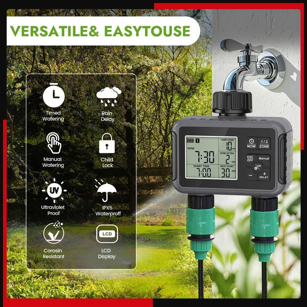 Wassertimer Gartenbewässerungssystem 2 Ausgänge Automatische Zeitventile Controller Regenverzögerung Bewässerung Großes LCD IPX5 Wasserdicht 