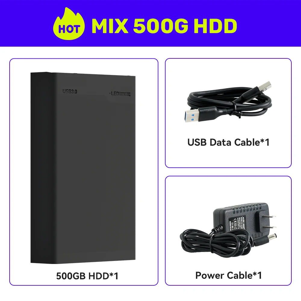 Mix500G Portable Game Hard Drive For N64/PS3/PS2/Switch/PS1/Xbox/DC External Gaming HDD With 38293 Retro Games For Win PC/Laptop
