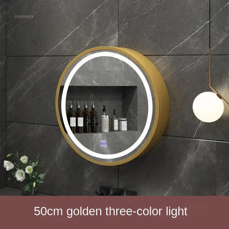 Nordic LED Smart Bathroom Mirror Cabinets Solid Wood Oval Bathroom Wall Hanging Round Vanity Mirrors with Storage Shelf b