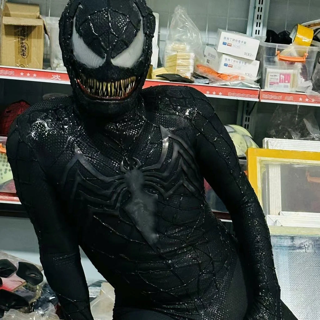 Venom Spider-Man Suit with Mask Movable Chin 1:1 3D Colour Printing Handmade Customized Spiderman 3 Jumpsuit Halloween Costume