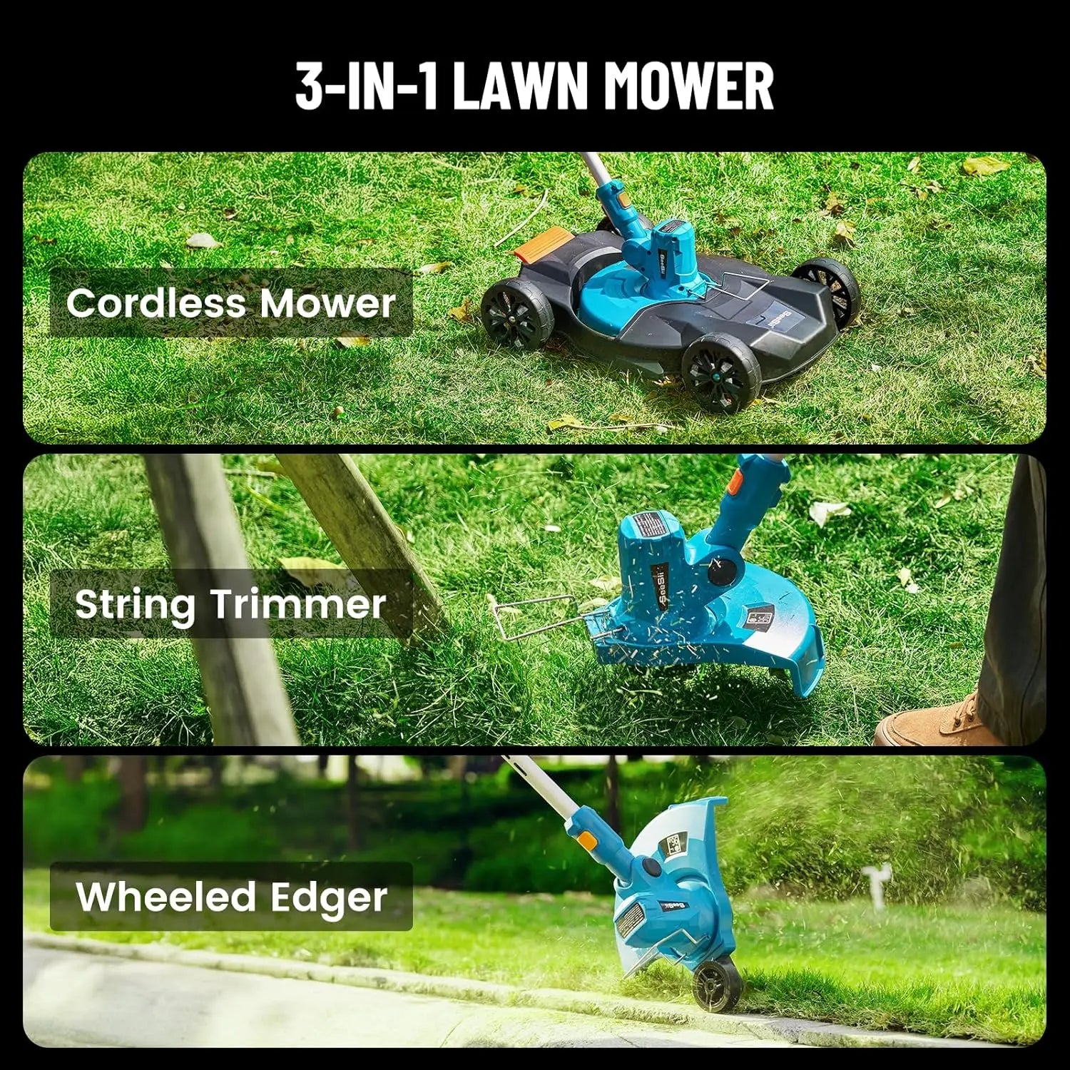 Seesii String Trimmer 12’’ Cordless Weed Wacker & Edger Electric Lawn Mower 1.3’’/2.1’’ Adjustable Deck 3-in-1 for Garden/Yard
