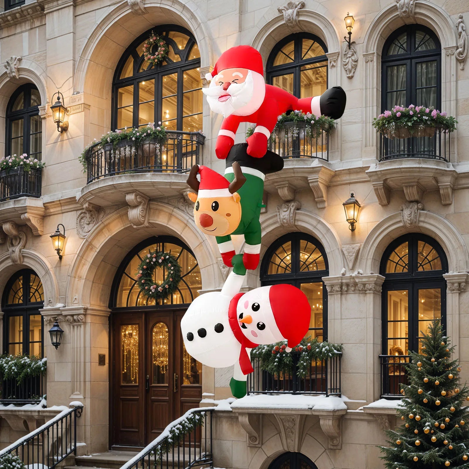 8FT Christmas Inflatables Decor, Climbing Santa Claus with Reindeer & Snowman, Xmas Decor for Beam Roof Tree Indoor Home Party