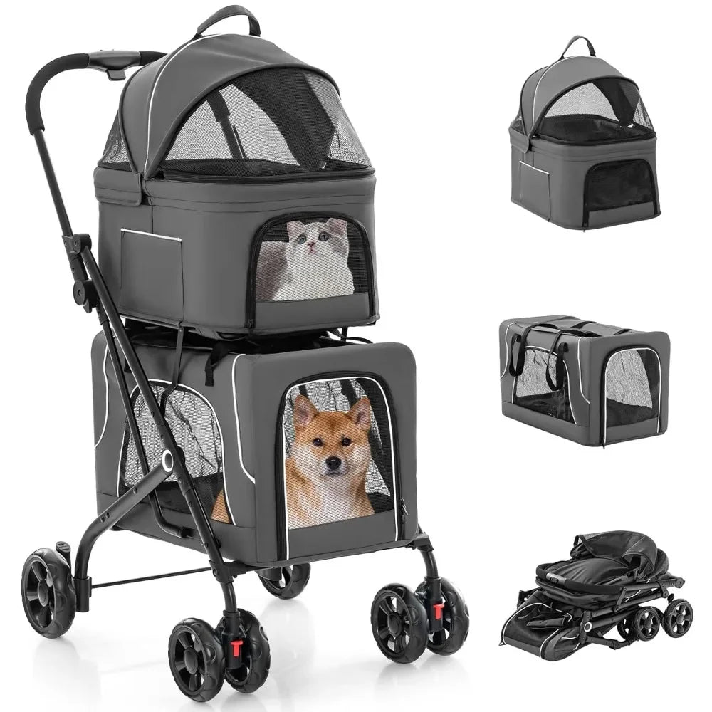 Doppelter Hundebuggy, Abnehmbare Babywanne, Sicherheitsgurt, 4 Feststellbare Räder, Reisebuggy für Haustiere, Faltbarer Katzenbuggy