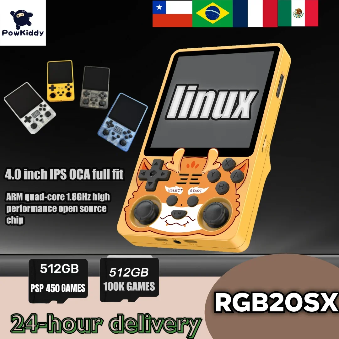 POWKIDDY RGB20SX Portable Handheld Game Console Retro Pocket 4.0 Inch Screen Linux OS Portable Video Players 512G PSP  Console