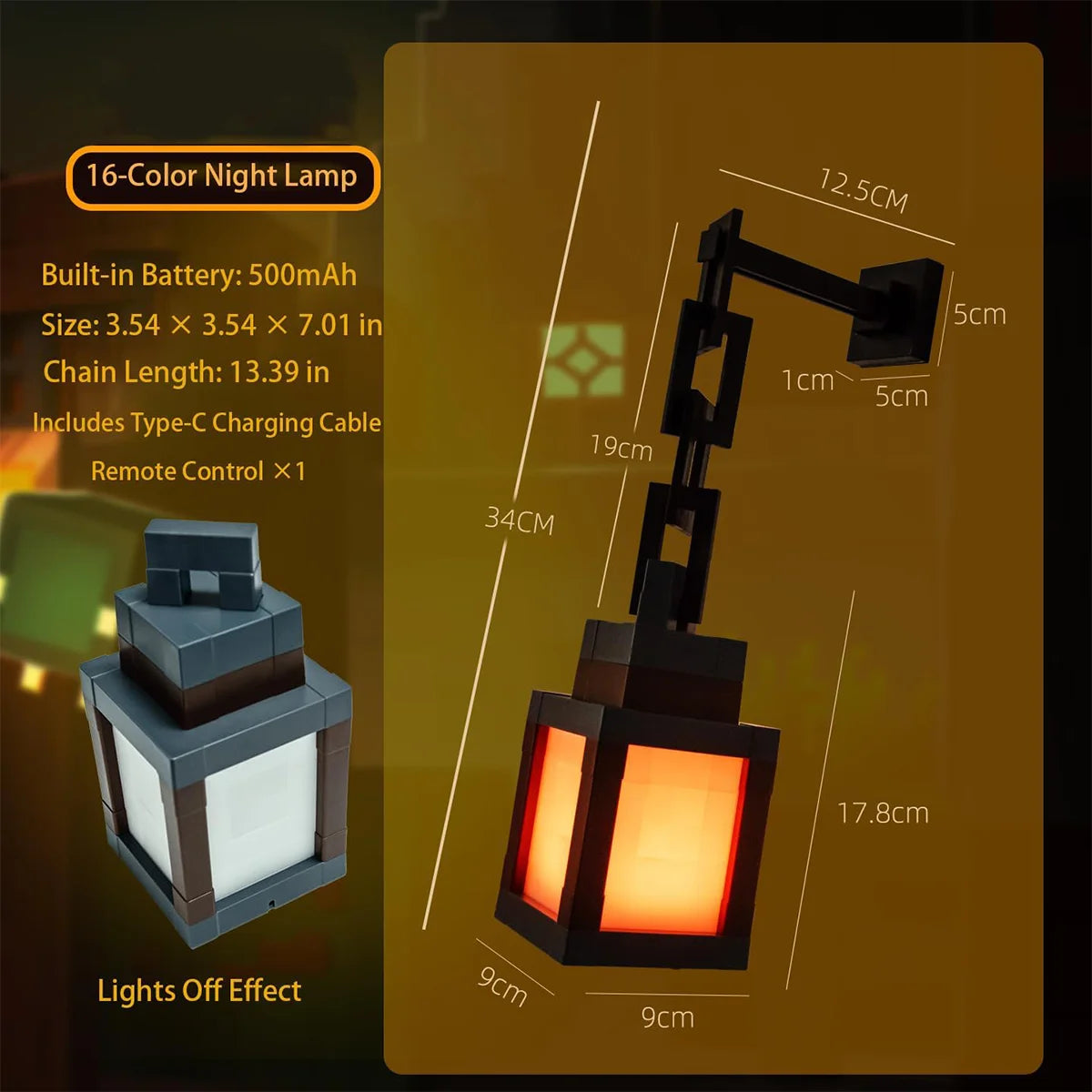 Pixel Design Led Night Light Type-C Rechargeable Remote Control Rgb Game Room Lights Multicolor Cartoon Style Lantern Wall Lamp