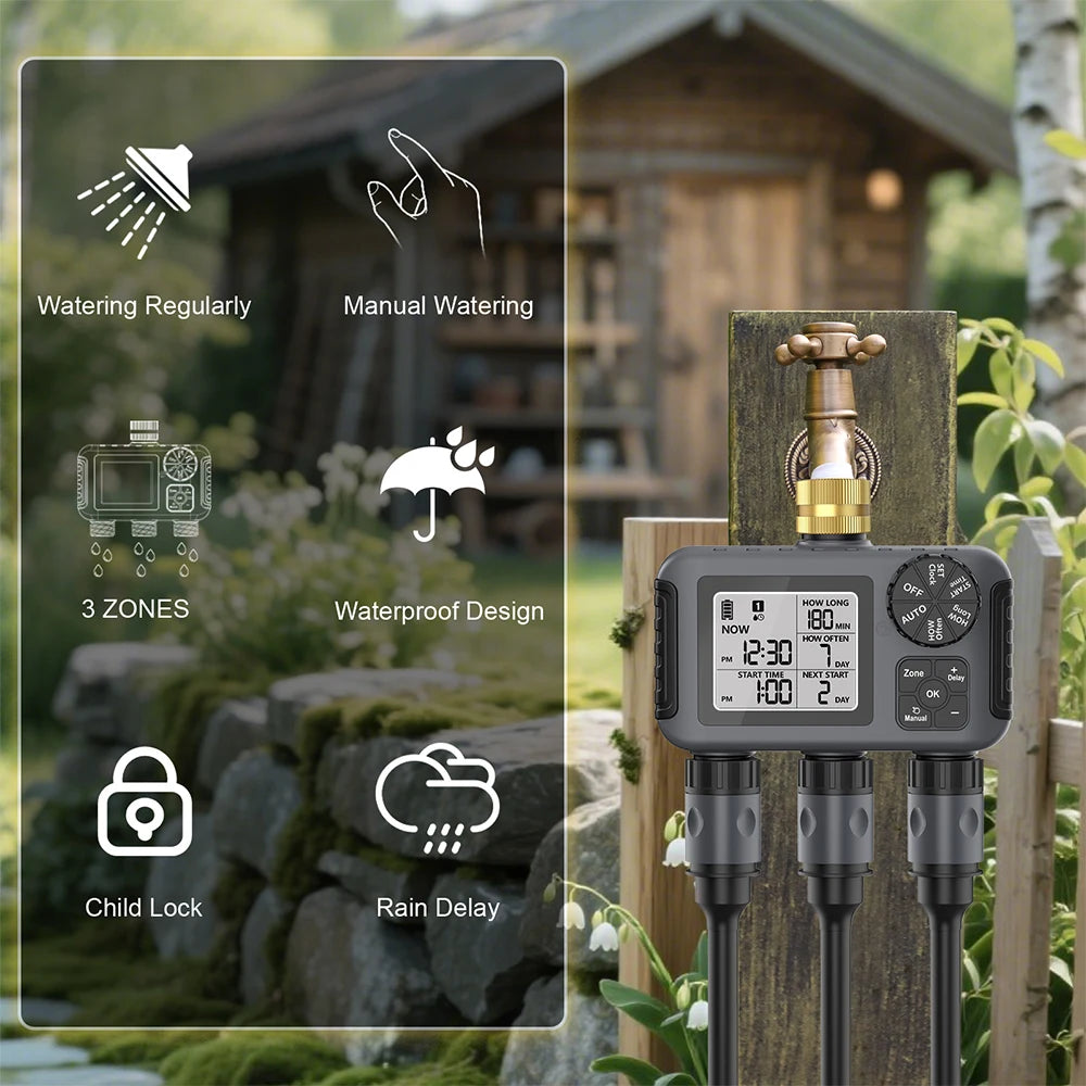 3 Outlets Smart Irrigation Watering System Copper Faucet Hose Sprinkle Automatic Water Timer IPX5 3-Zone Digital Water Timer