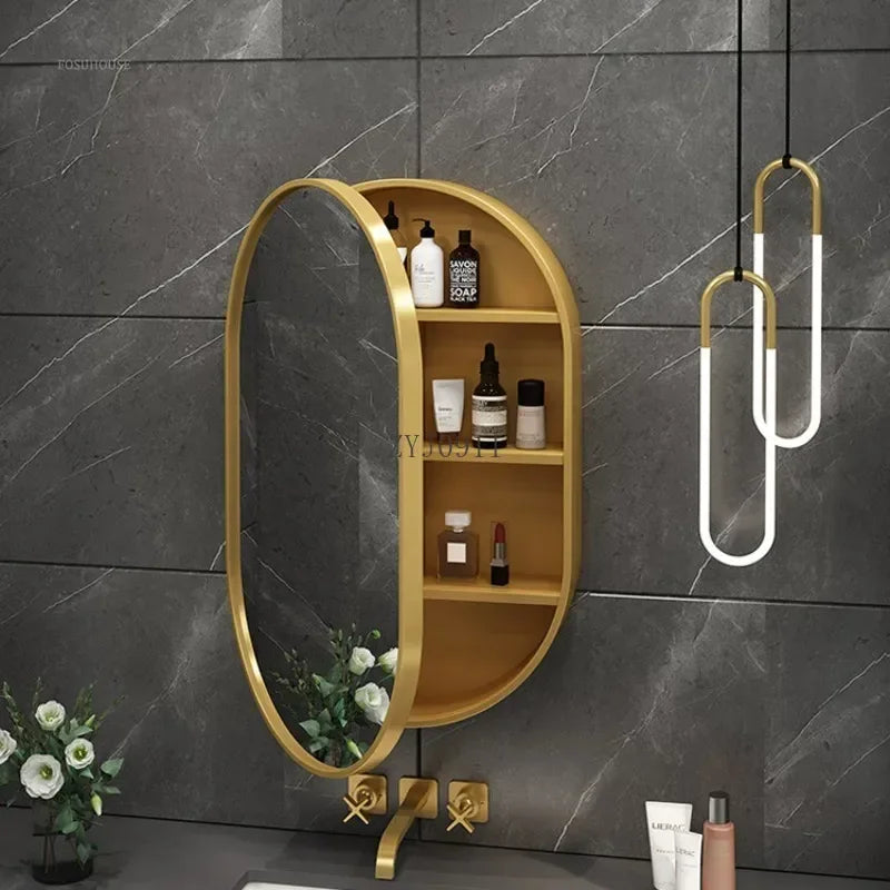 Nordic LED Smart Bathroom Mirror Cabinets Solid Wood Oval Bathroom Wall Hanging Round Vanity Mirrors with Storage Shelf b