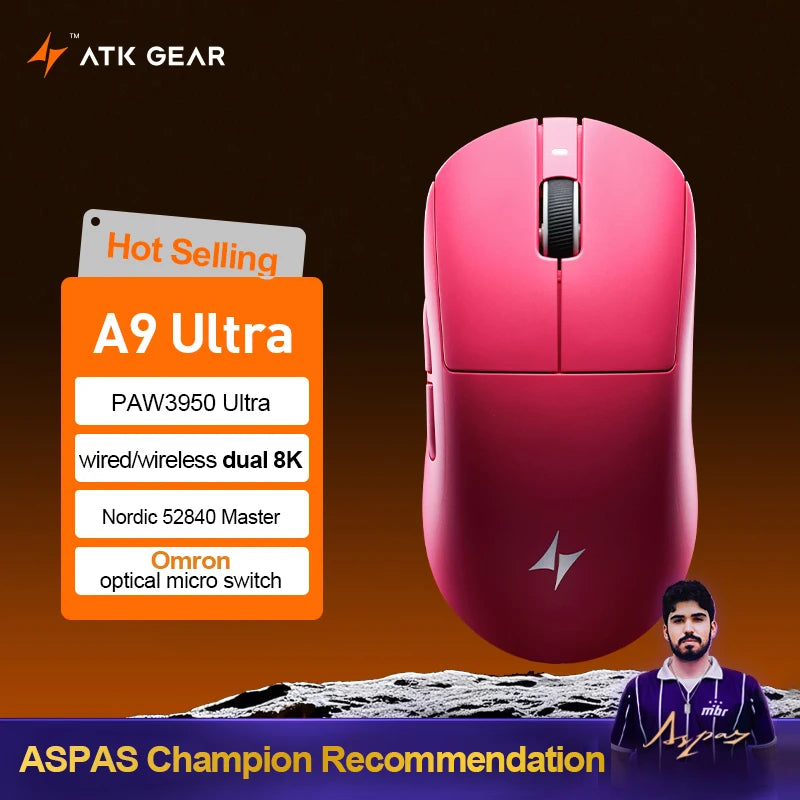 ATK Dragonfly A9 Ultra Безжична Геймърска Мишка за Е-Спортове Ултралека Трирежимна Двойна 8K Ергономична Мишка A9 Plus PAW3395/3950