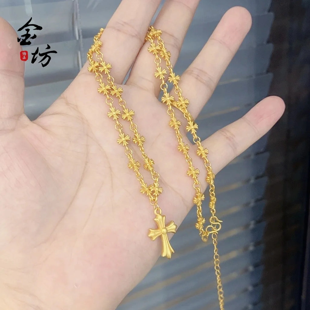 Fashion 9999 24K real gold retro ethnic style golden Crow cross necklace light luxury versatile jewelry for women