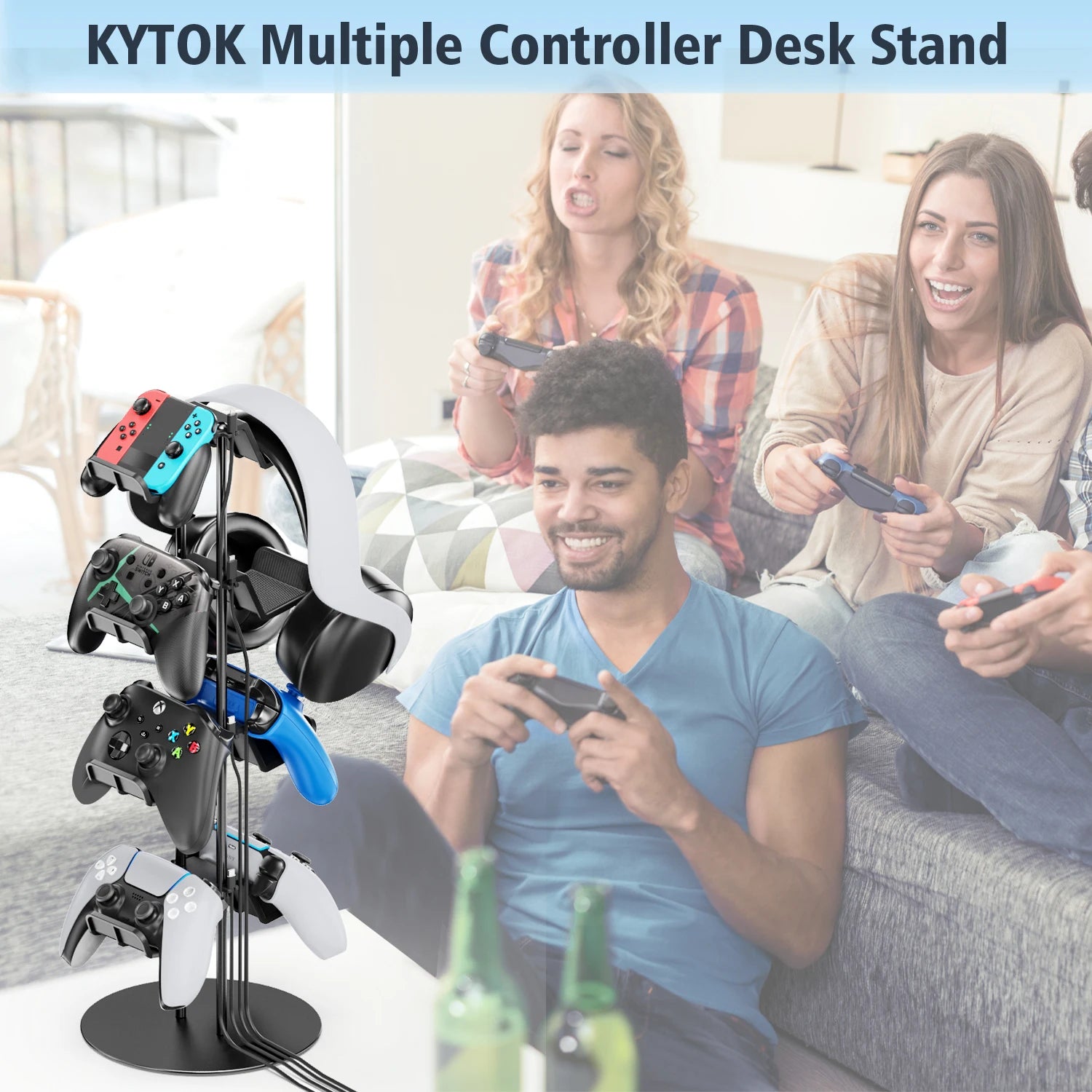 Universal Controller Stand 4 Tiers with Cable Organizer Headset Holder & Desk Mounts for 8 Packs Controller