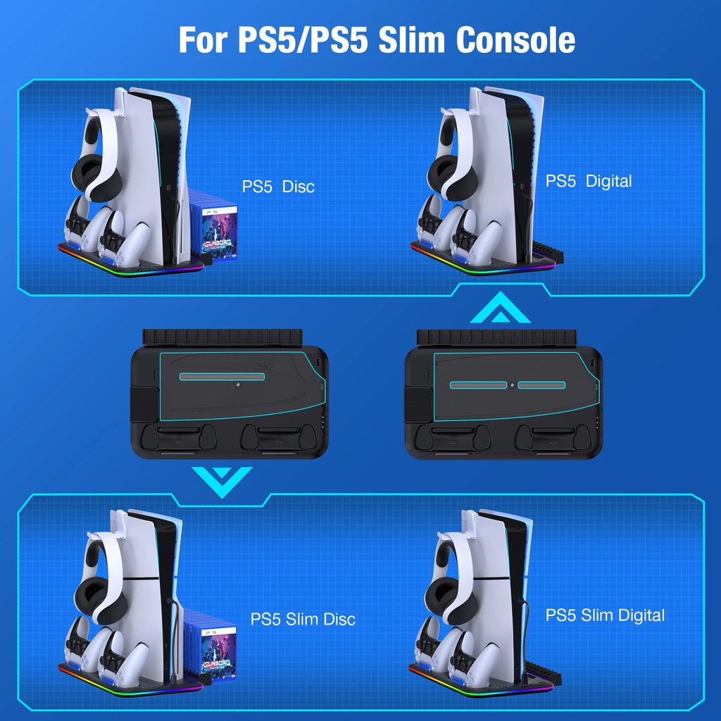 BEBONCOOL Vertical Cooling Stand for PS5 Slim Controller Charger For Sony Playstation 5  PS5 Console Headset Holder RGB Light