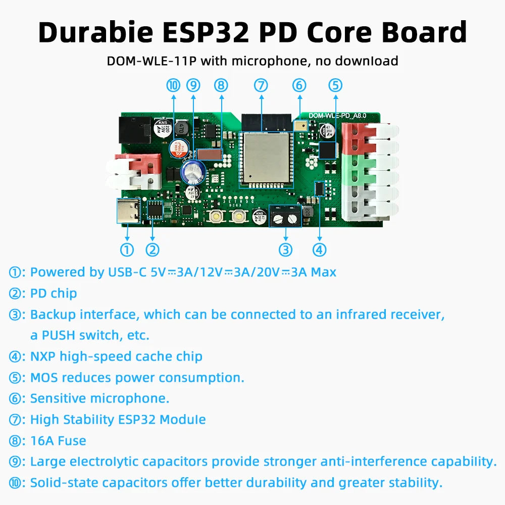 DOMRAEM PD ESP32 WLED Digital LED Controller with Microphone Dual Power Input USB-C PD& DC5-24V for WS281x  APA102 SK6812 etc.
