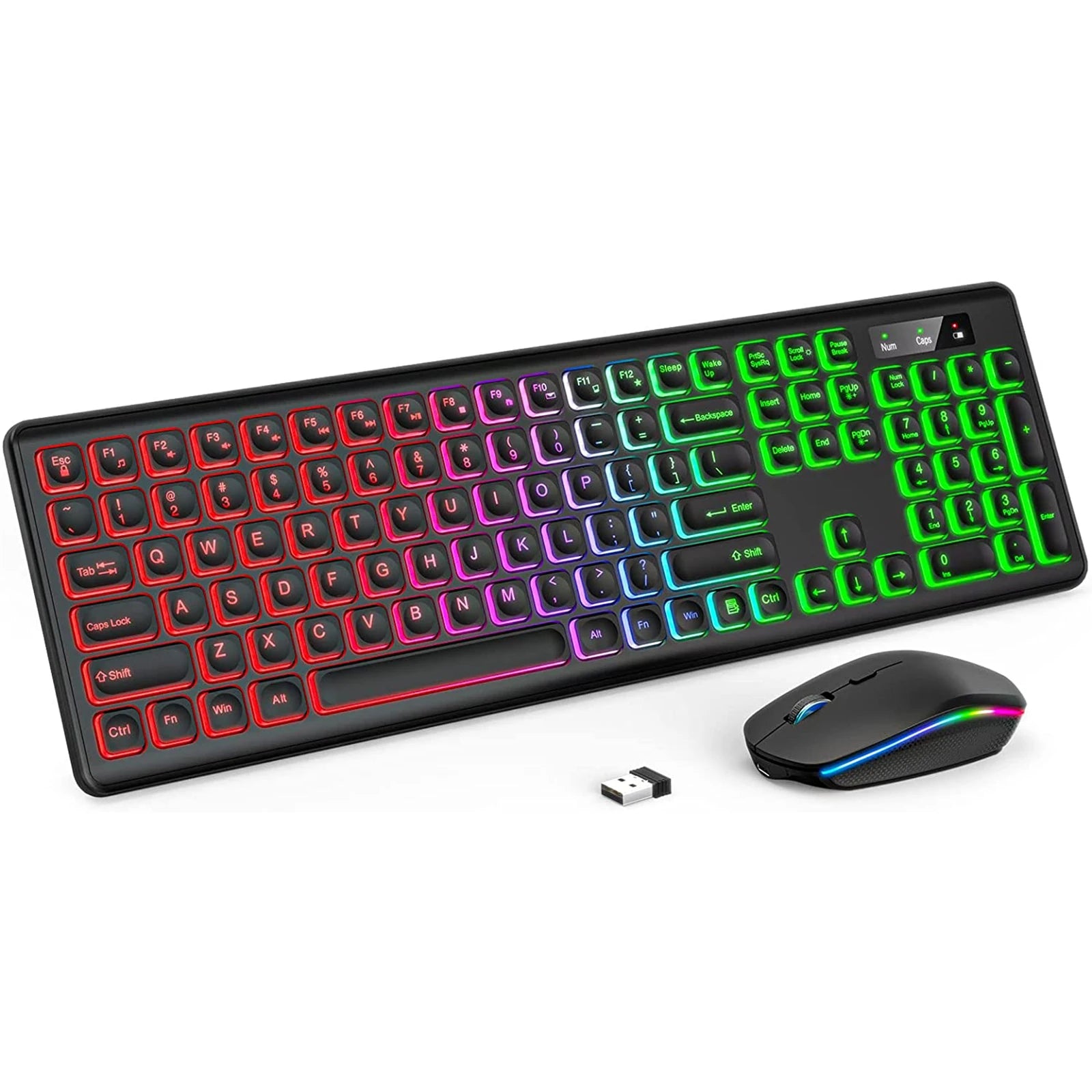 Wireless Keyboard and Mouse Combo RGB Backlit Rechargeable Light Up Letters Ergonomic Tilt Angle Sleep Mode 2.4GHz Quiet Mac PC