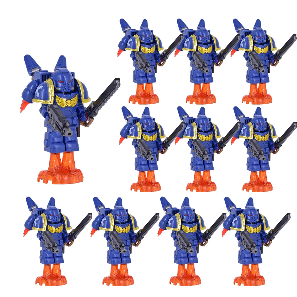 Medieval Knights War 10cm Poseable Collectible 40K Figure - Blue-Gold Armor Skull Face Design