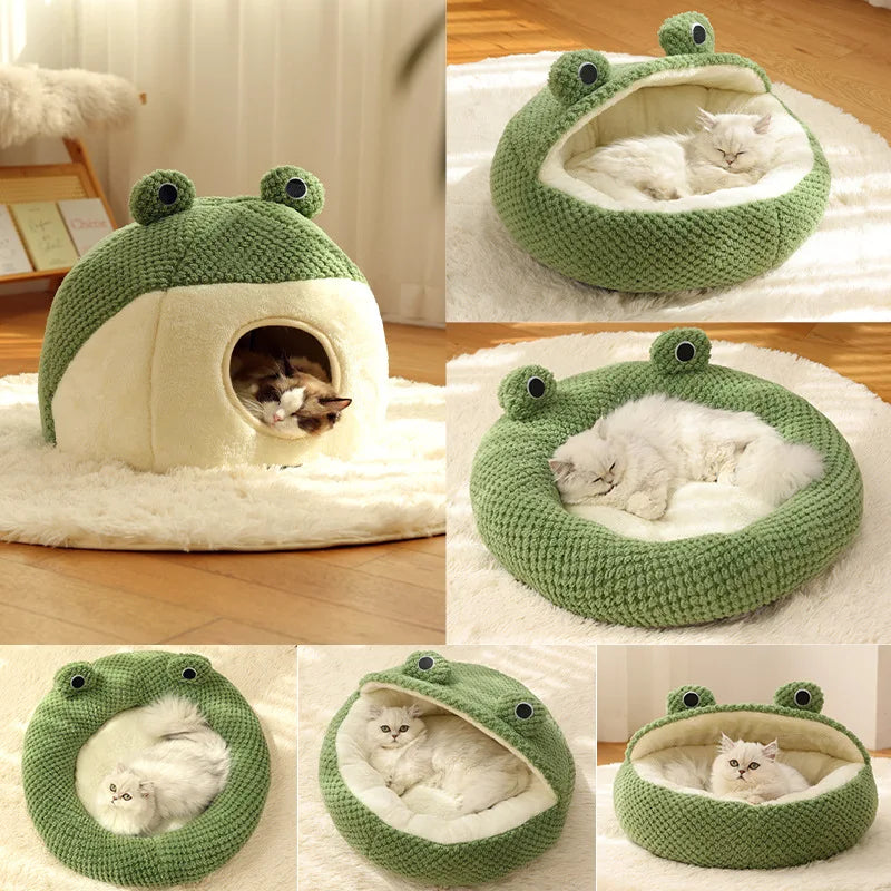 Ganzjahres-Universal-Katzenhaus, Little Frog-Serie, halbgeschlossenes Hundehaus, warmes Hundebett im Hausstil aus Plüsch