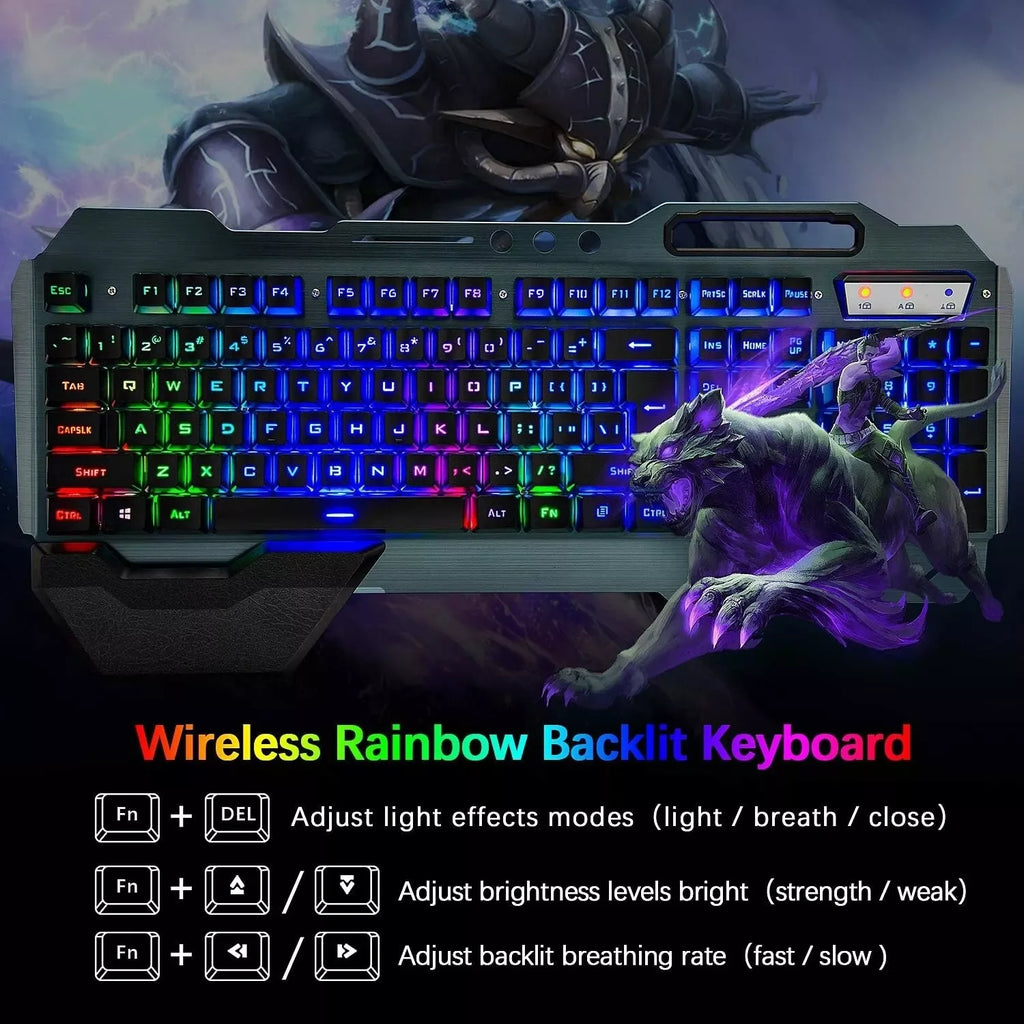 Безжичен комплект геймърска клавиатура и мишка, с подсветка Rainbow/RGB, презареждаща се клавиатура и 7-цветна геймърска мишка с безшумен звук и подложка