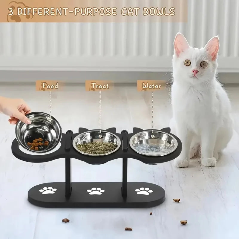 3 Bowls Wooden Elevated Cat Feeder Stand with 15 Angle Adjustable Stainless Steel Food & Water Bowls Pet Feeding