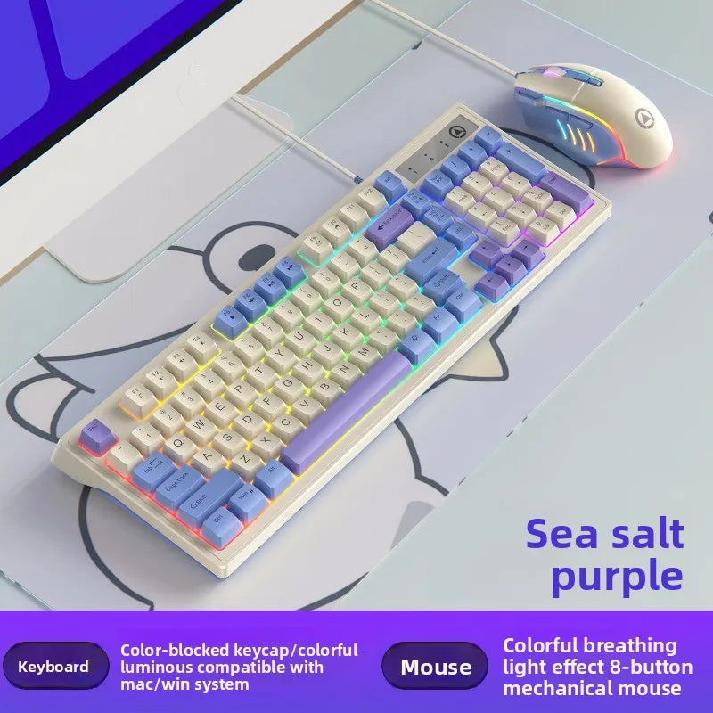 2025 new Km800 customized gaming keyboard and mouse set, color blocked wired illuminated desktop 98 key keyboard and mouse set