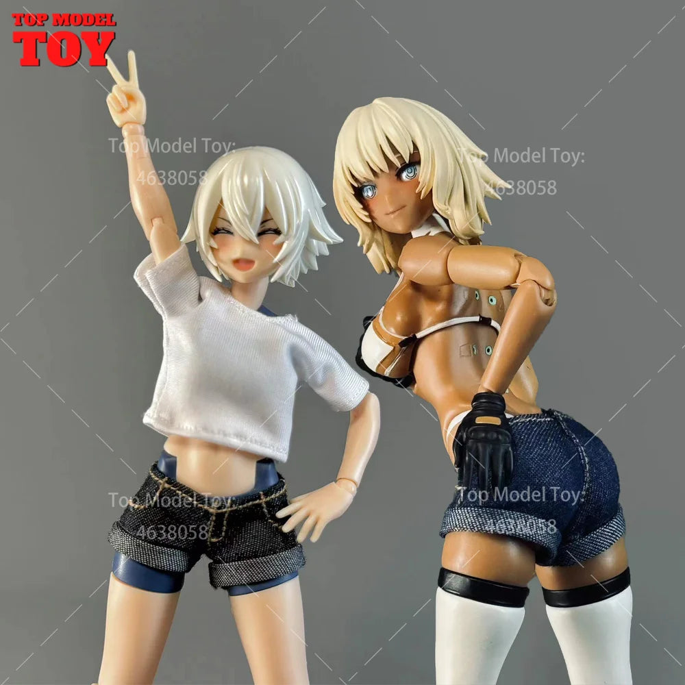 1/12 Scale White T-shirt Black/Blue Trend Denim Shorts Clothes Model Fit 6'' OB BJD Female Soldier Action Figure Body Dolls