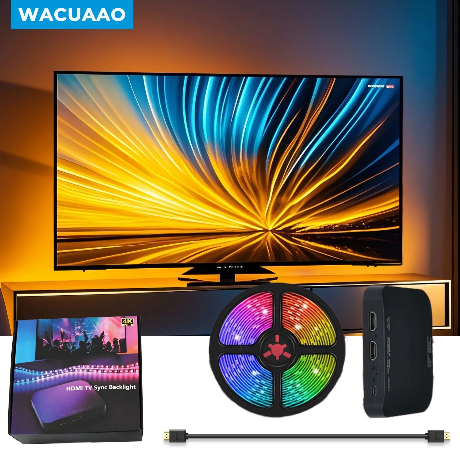LED HDMI Sync TV Backlight with Dynamic Ambiance Lighting | Works with TV Box/PS5| Plug & Play, 16M Colors, Music & Gaming Mode