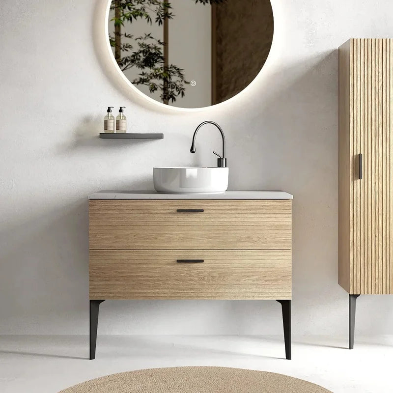 36" Striped Natural Oak Freestanding Bathroom Vanity with Ceramic Sink for Modern Spaces