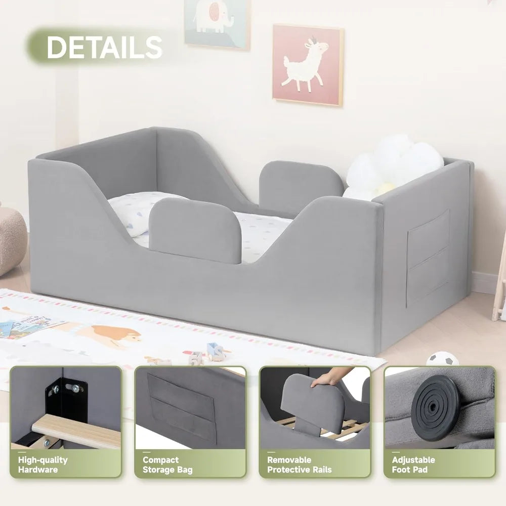 Children's Removable Rail Floor Bed with Storage, Standard Crib Size, Safety Upholstered, Suitable for Boys and Girls