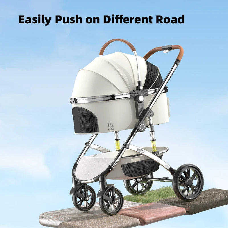 Bello Luxus-Haustier-Kinderwagen, moderner, abnehmbarer mittlerer und großer Wagen, Aluminiumlegierung, Katzen-/Hunde-Parm-PU-Räder