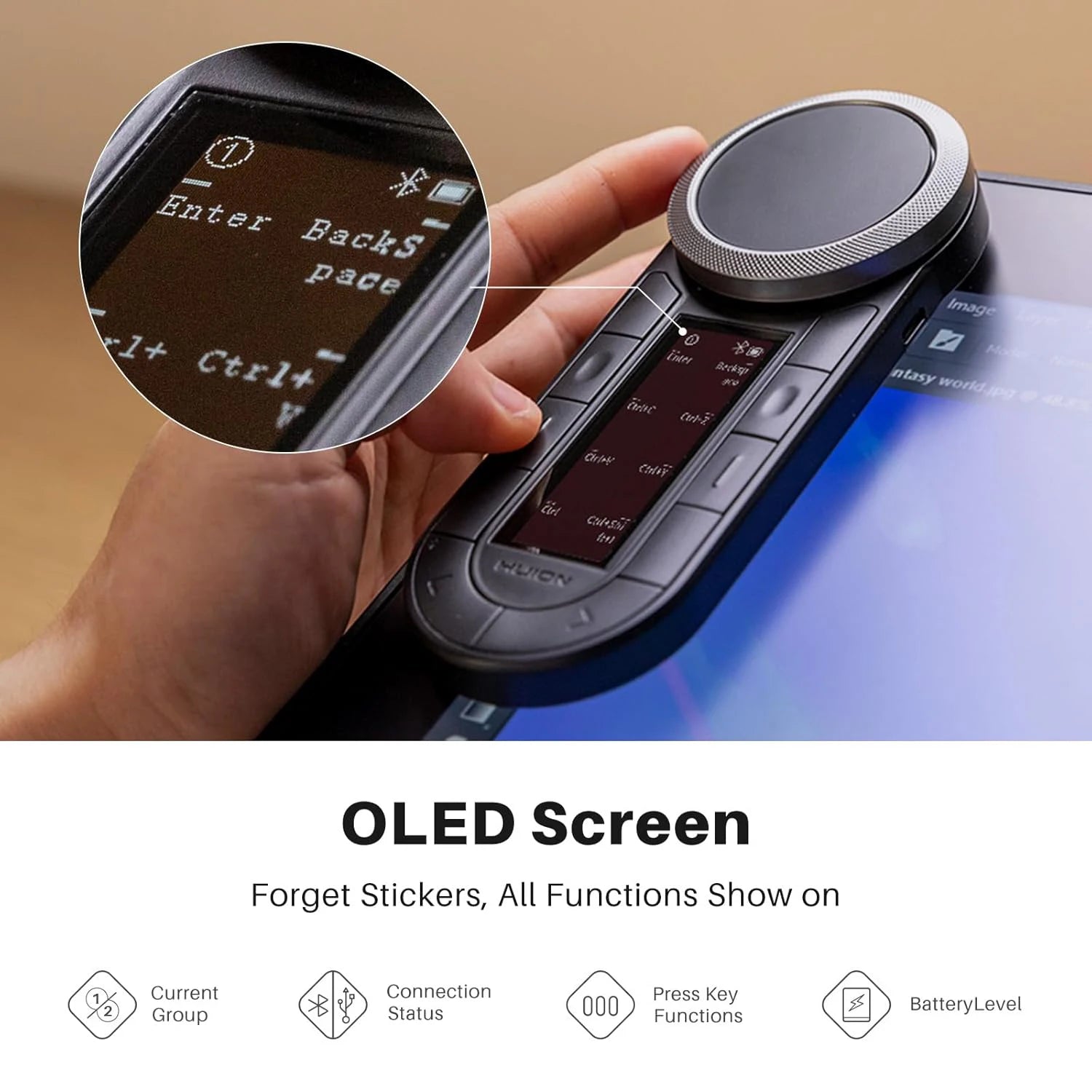 Huion Mini Keyboard Keydial Remote K40 with Dual-channel Bluetooth Wireless Dual-dial Controller 8 Programmable Keys OLED Screen