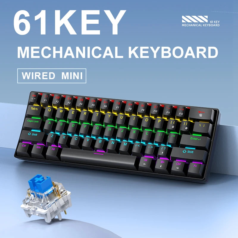 61 Tasten Mechanische Tastatur Kabelgebunden, APAYADO K61 RGB 60% Tragbare Mini-Tastatur Schwarz, Weiß, Rot/Blau Schalter für Gaming