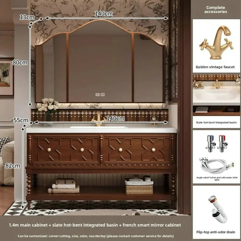 Customized Solid Wood Bathroom Vanity with Sintered Stone Sink, Toiletries Storage, and Smart Mirror Cabinet Package