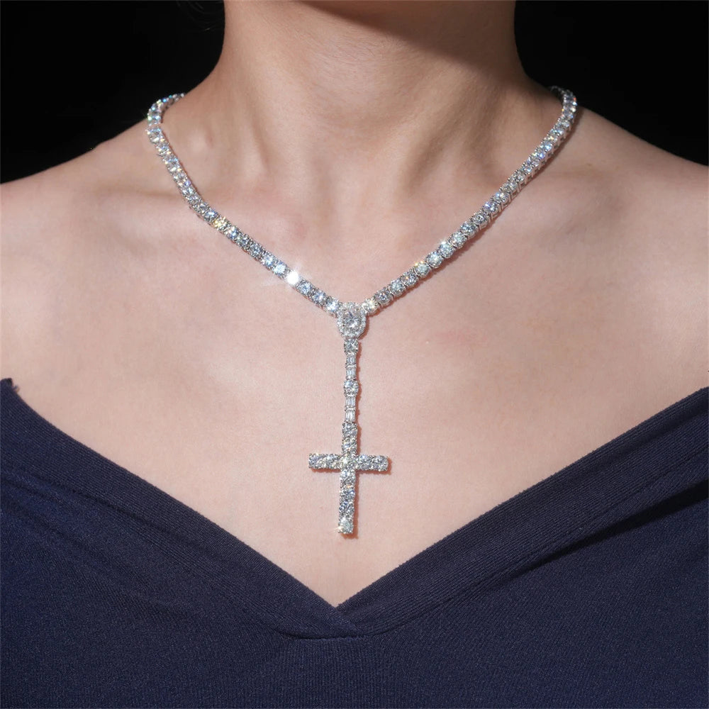 3mm Moissminer VVS Moissanite Long Cross Pendant with Tennis Link Chain Necklaces For Men Women S925 Silver Choker GRA Hip Hop
