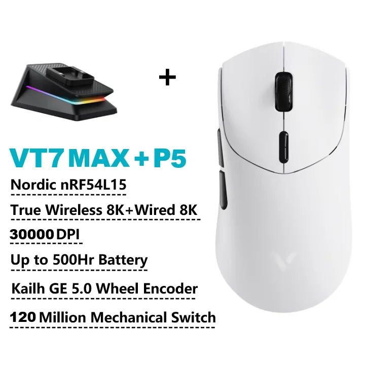 Безжична геймърска мишка Rapoo VT7 /VT7 MAX, True 8K безжична скорост на анкетиране, 53 г, лека, до 500 часа живот на батерията, активирани макроси