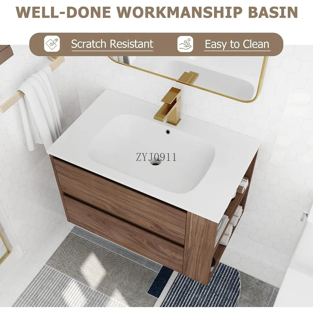 Bathroom Vanity with Gel Sink Combo Wall Mounted Cabinet Set, Modern Float Mounting Bathroom Vanity Set with 2 Drawers