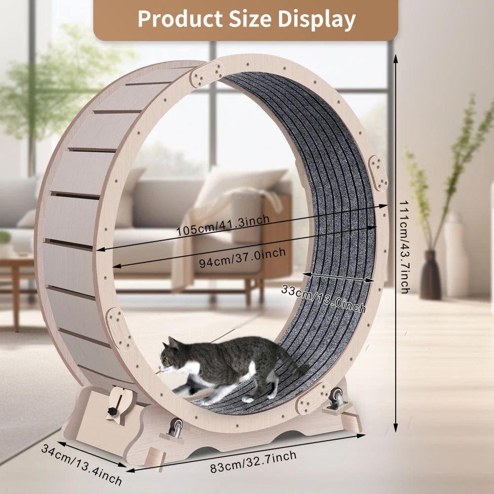 Cat Exercise Wheel For Indoor Cats, Cat Running Wheel With Carpeted Runway, 41" Natural Wood Color