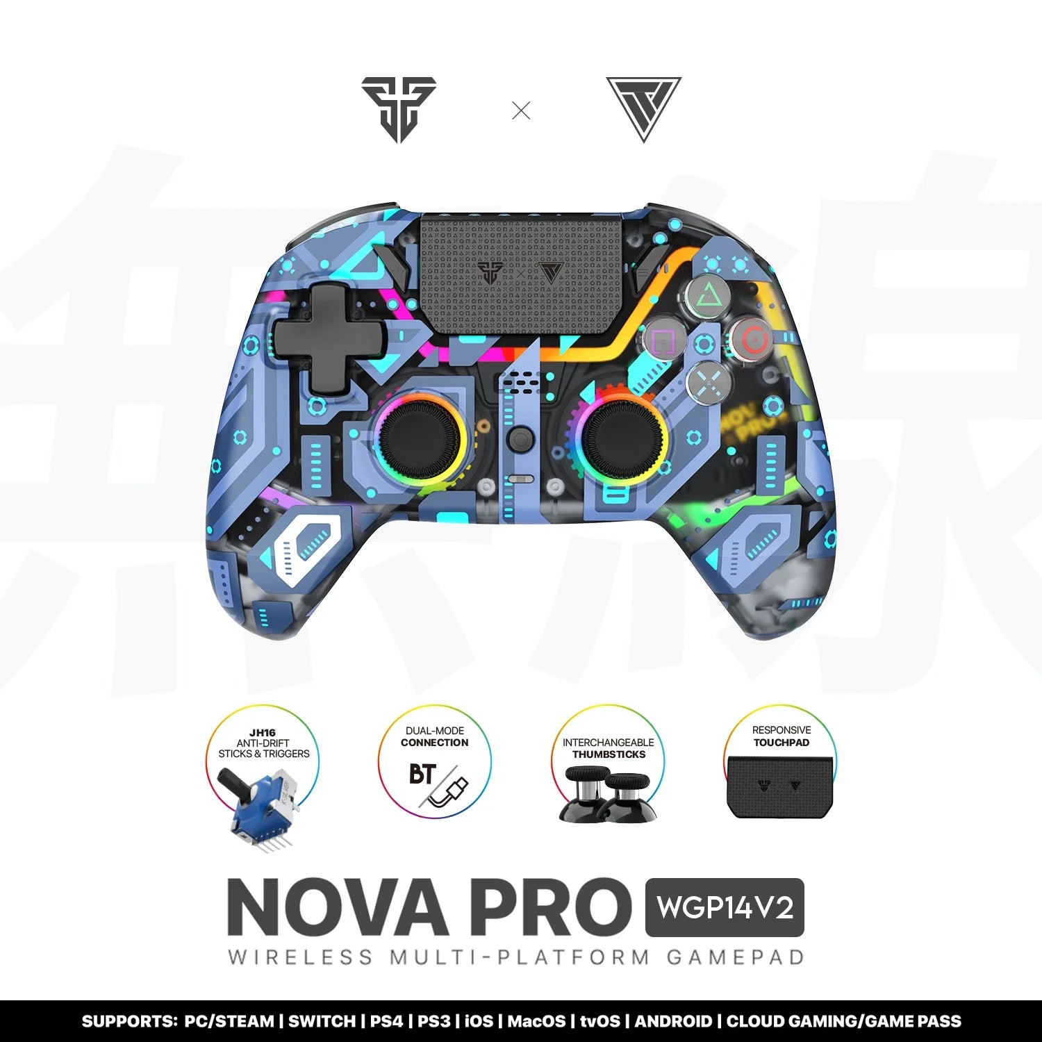 FANTECH NOVA PRO WGP14V2 Wireless Gamepad Anti-Drift Hall Effect Sticks and Force-switchable Tirgger Wired Controller for PS4